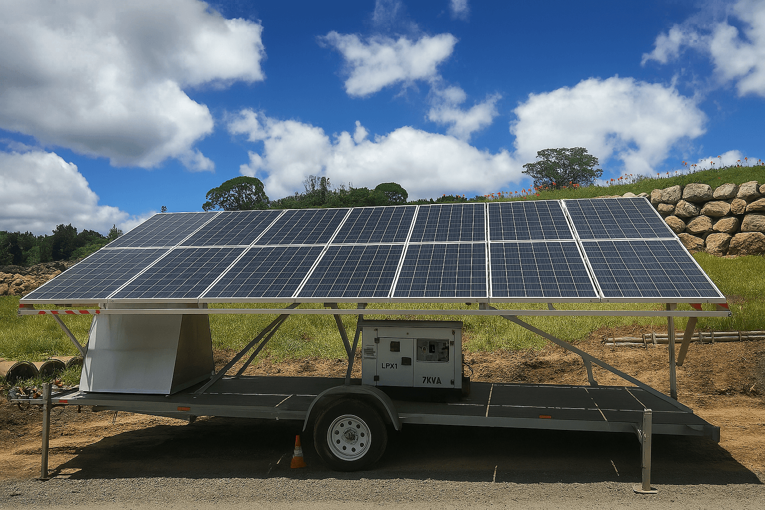 SOBOS Energy hybrid solar generator trailer under a blue sky, symbolizing sustainable power solutions in Australia.